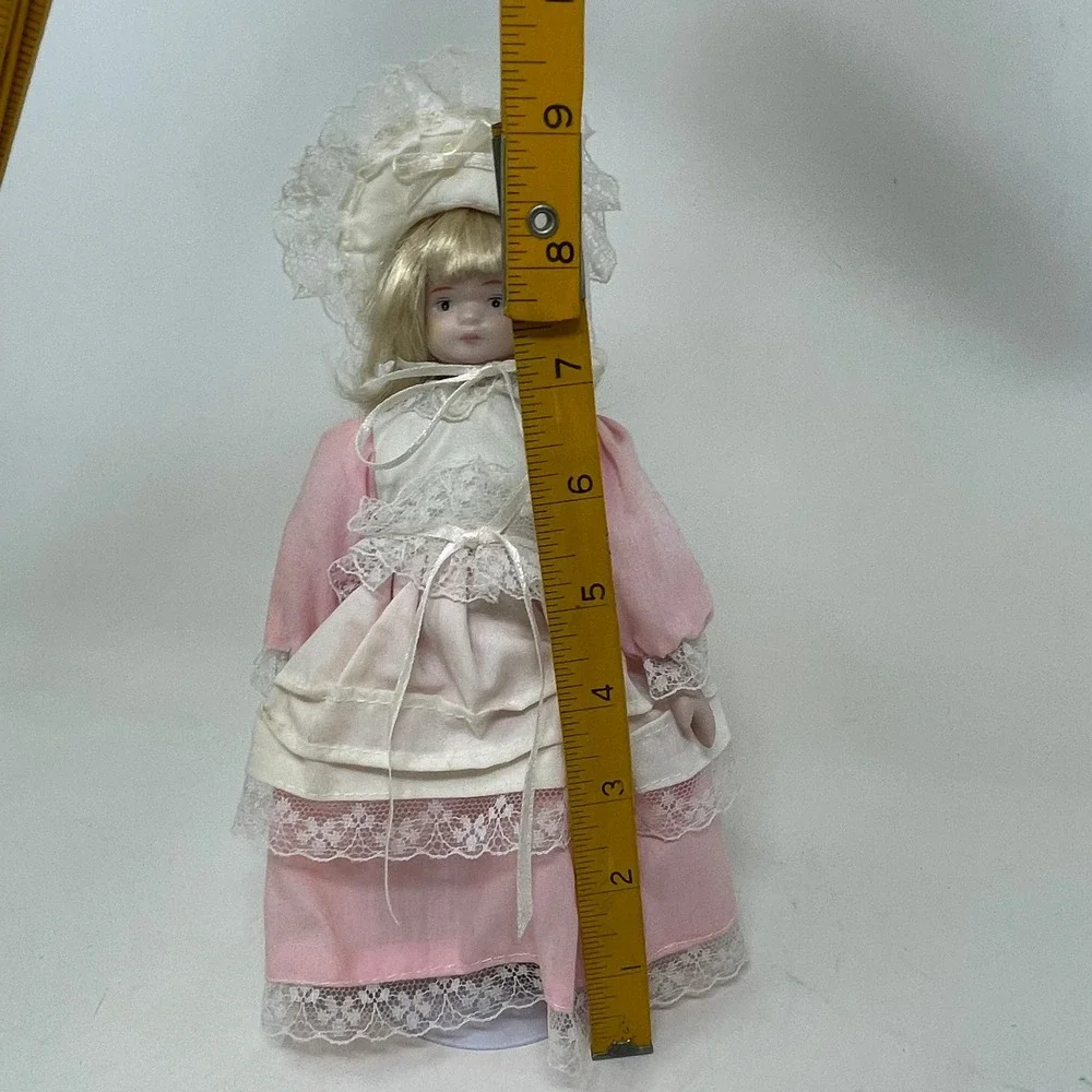 Vintage Porcelain Doll Pink Lace Victorian Dress Blonde Hair Collectible 9 Inch